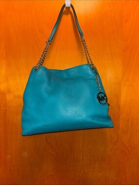 Michael Kors Turquoise Pebbled Leather Shoulder Tote with Gold Chain